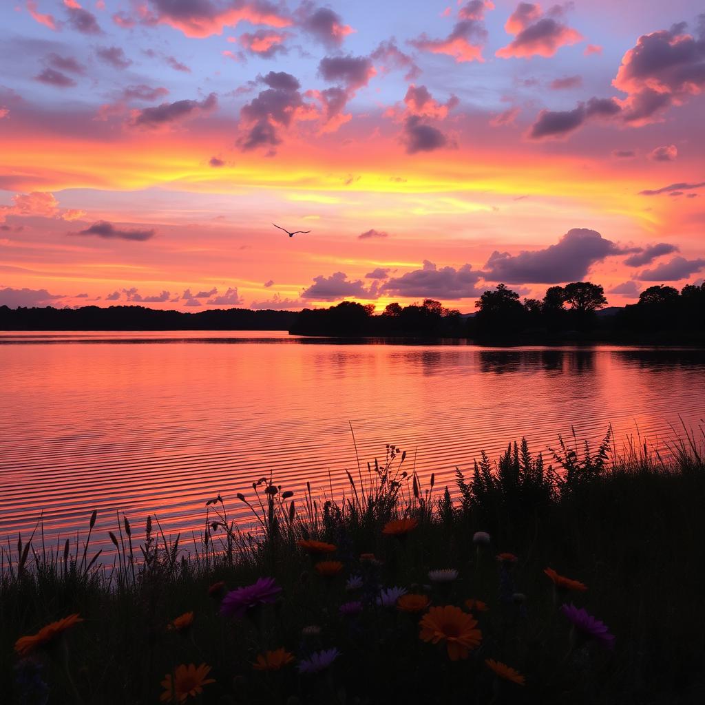 A beautiful sunset over a serene lake, with vibrant orange, pink, and purple hues reflecting on the water