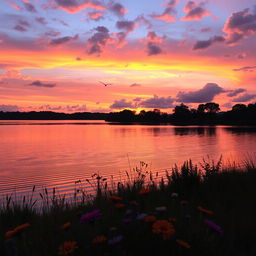 A beautiful sunset over a serene lake, with vibrant orange, pink, and purple hues reflecting on the water