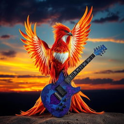 A stunning phoenix with vibrant flames in various shades of red, orange, and gold, gracefully holding an electric guitar with its feet