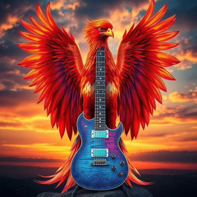 A stunning phoenix with vibrant flames in various shades of red, orange, and gold, gracefully holding an electric guitar with its feet