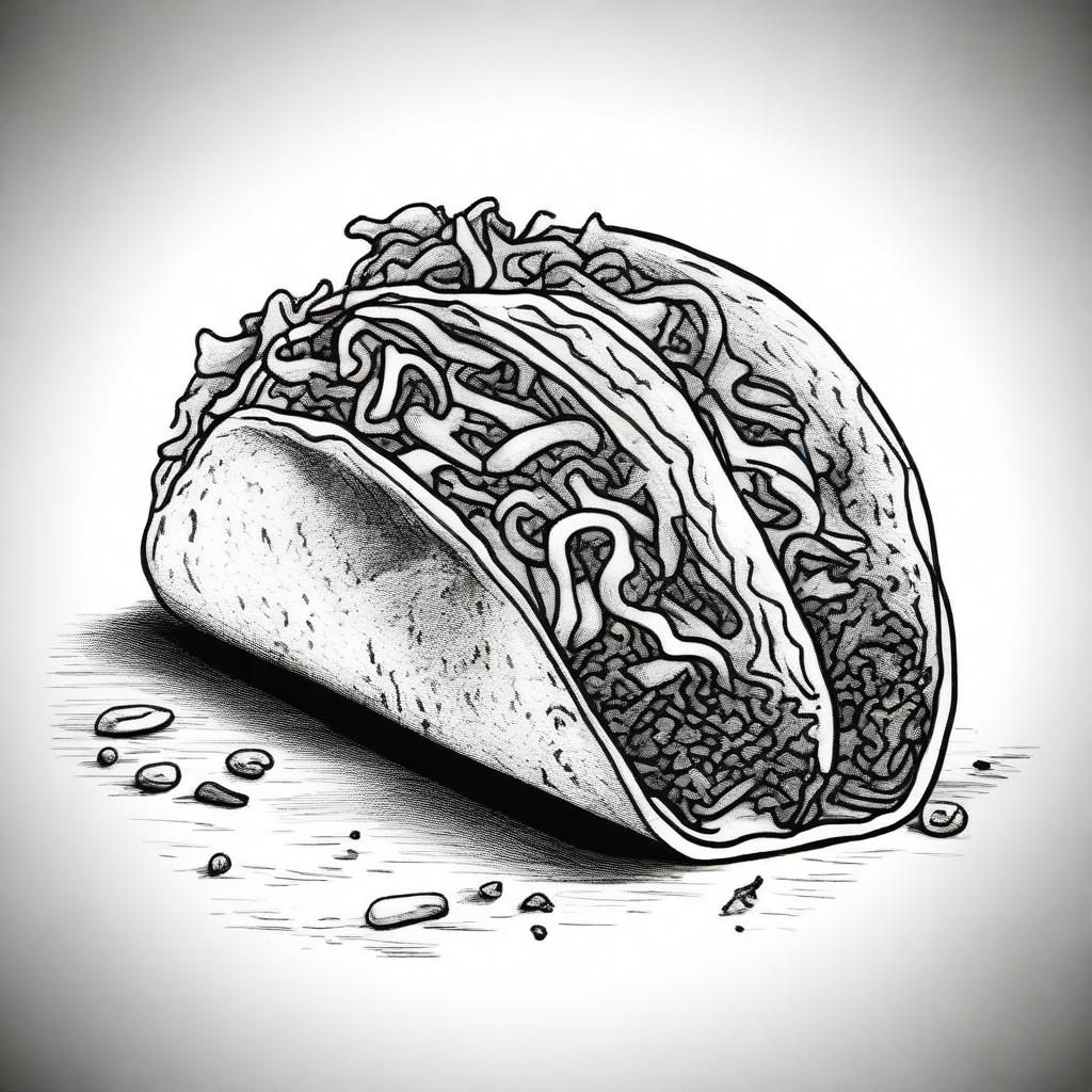 An exceptional black and white drawing of a taco, created using sharpie markers