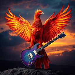 A stunning phoenix with vibrant flames in various shades of red, orange, and gold, gracefully holding an electric guitar with its feet