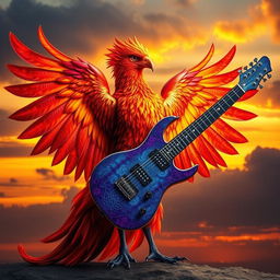 A stunning phoenix with vibrant flames in various shades of red, orange, and gold, gracefully holding an electric guitar with its feet