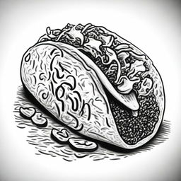 An exceptional black and white drawing of a taco, created using sharpie markers