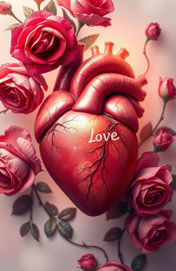 A beautifully intricate anatomical heart, surrounded by vibrant roses and delicate vines, emphasizing the connection between life and love