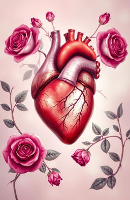 A beautifully intricate anatomical heart, surrounded by vibrant roses and delicate vines, emphasizing the connection between life and love