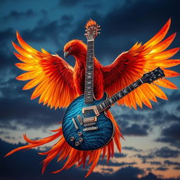 A majestic phoenix with brilliant feathers in fiery hues of red, orange, and gold, elegantly cradling a stunning electric guitar between its talons