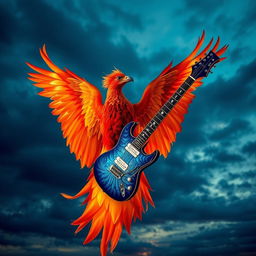 A majestic phoenix with brilliant feathers in fiery hues of red, orange, and gold, elegantly cradling a stunning electric guitar between its talons
