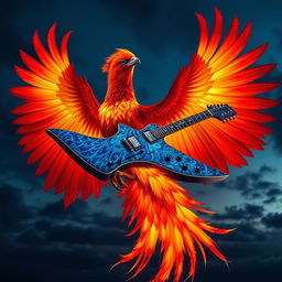 A majestic phoenix with brilliant feathers in fiery hues of red, orange, and gold, elegantly cradling a stunning electric guitar between its talons