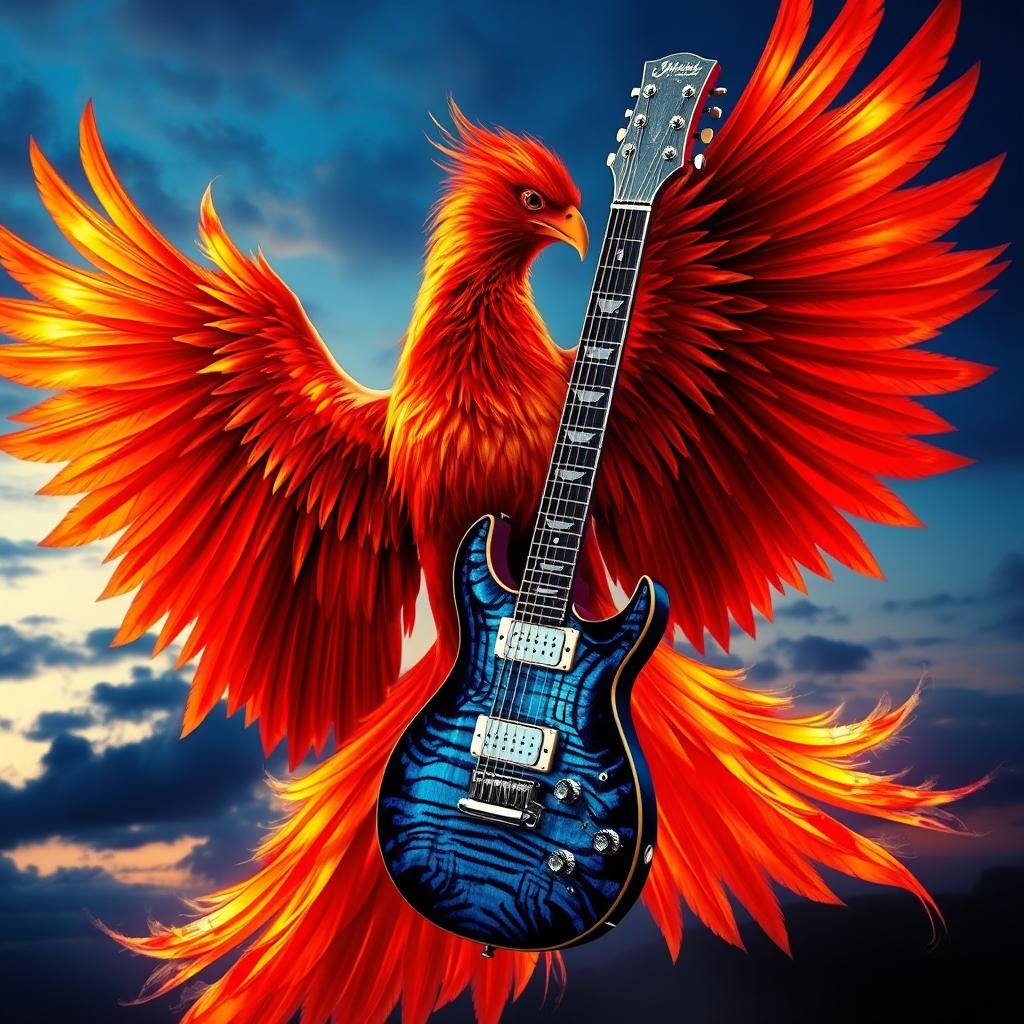 A majestic phoenix with brilliant feathers in fiery hues of red, orange, and gold, elegantly cradling a stunning electric guitar between its talons