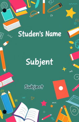 Design a vibrant front cover for a school notebook that features colorful school-themed elements like books, pencils, rulers, and a chalkboard
