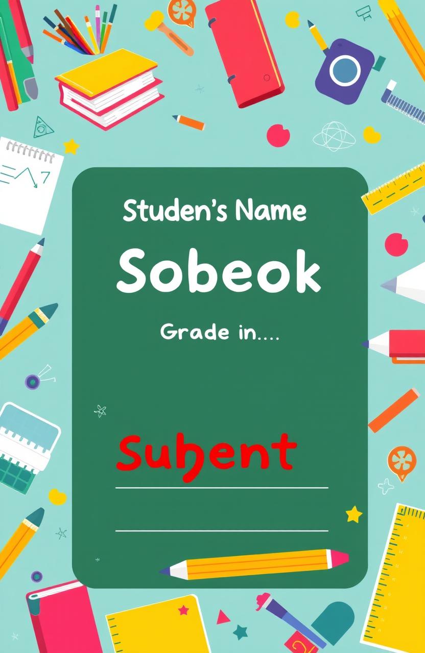 Design a vibrant front cover for a school notebook that features colorful school-themed elements like books, pencils, rulers, and a chalkboard