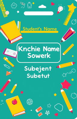 Design a vibrant front cover for a school notebook that features colorful school-themed elements like books, pencils, rulers, and a chalkboard