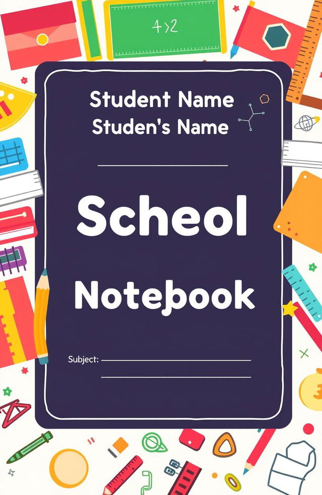 Design a vibrant front cover for a school notebook that features colorful school-themed elements like books, pencils, rulers, and a chalkboard