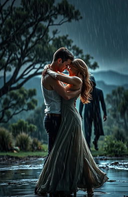 A dramatic scene depicting a passionate dance in the rain, set in the lush landscapes of Australia