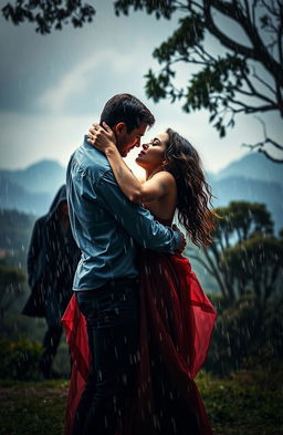 A dramatic scene depicting a passionate dance in the rain, set in the lush landscapes of Australia