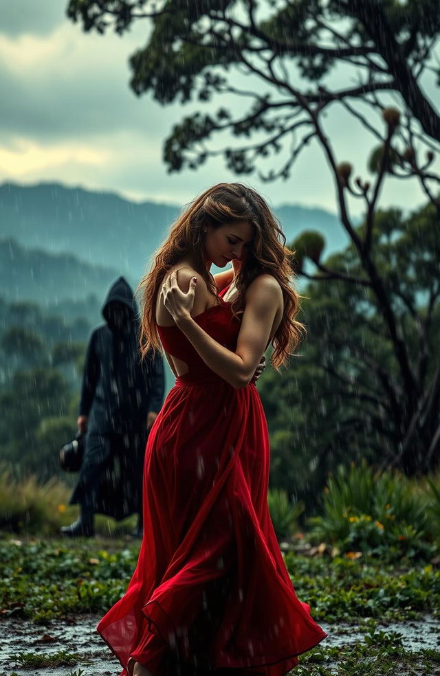 A dramatic scene depicting a passionate dance in the rain, set in the lush landscapes of Australia