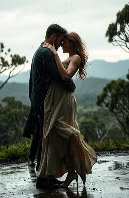 A dramatic scene depicting a passionate dance in the rain, set in the lush landscapes of Australia