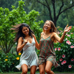 A joyful scene of two people dancing in the rain, surrounded by lush greenery