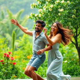 A joyful scene of two people dancing in the rain, surrounded by lush greenery