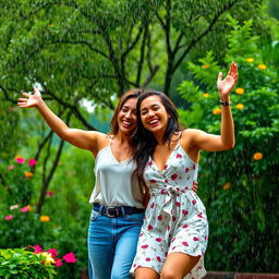A joyful scene of two people dancing in the rain, surrounded by lush greenery