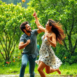 A joyful scene of two people dancing in the rain, surrounded by lush greenery