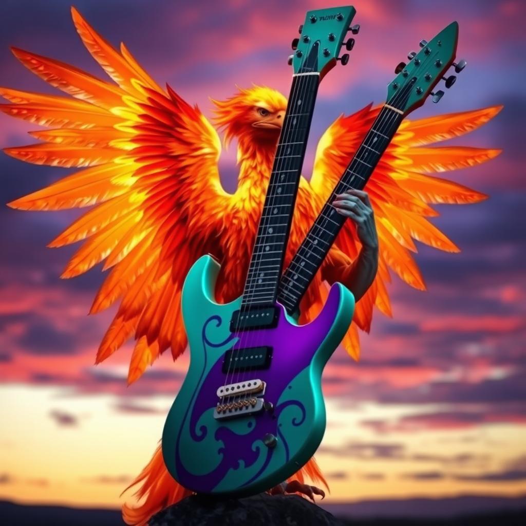 An enchanting phoenix adorned in radiant feathers of fiery red, orange, and gold, effortlessly gripping a unique electric guitar with its talons