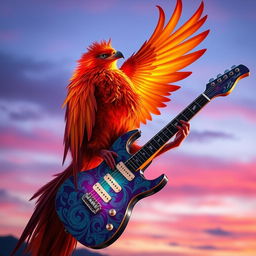 An enchanting phoenix adorned in radiant feathers of fiery red, orange, and gold, effortlessly gripping a unique electric guitar with its talons