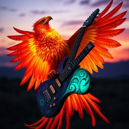 An enchanting phoenix adorned in radiant feathers of fiery red, orange, and gold, effortlessly gripping a unique electric guitar with its talons