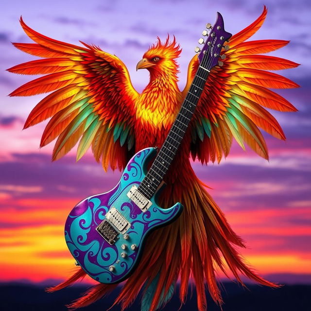 An enchanting phoenix adorned in radiant feathers of fiery red, orange, and gold, effortlessly gripping a unique electric guitar with its talons