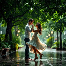 A romantic scene of a couple dancing in the rain, completely lost in each other’s eyes