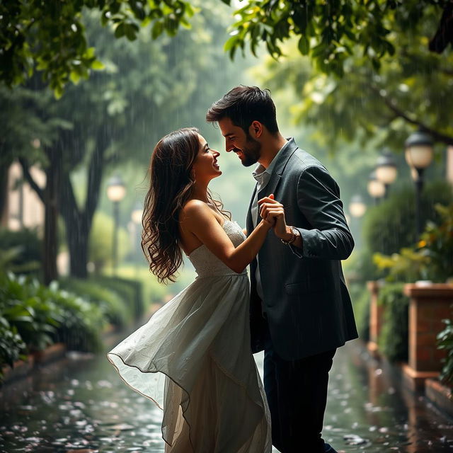 A romantic scene of a couple dancing in the rain, completely lost in each other’s eyes