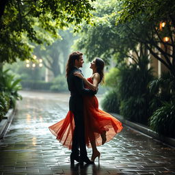 A romantic scene of a couple dancing in the rain, completely lost in each other’s eyes