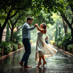 A romantic scene of a couple dancing in the rain, completely lost in each other’s eyes