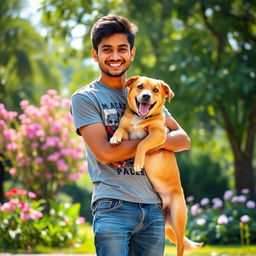 A heartwarming scene depicting the bond between Omkar and Kallu, featuring Omkar, a young man with a warm smile, casually dressed in a graphic t-shirt and jeans, joyfully embracing Kallu, a medium-sized brown dog with happy, expressive eyes