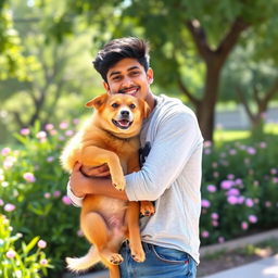 A heartwarming scene depicting the bond between Omkar and Kallu, featuring Omkar, a young man with a warm smile, casually dressed in a graphic t-shirt and jeans, joyfully embracing Kallu, a medium-sized brown dog with happy, expressive eyes