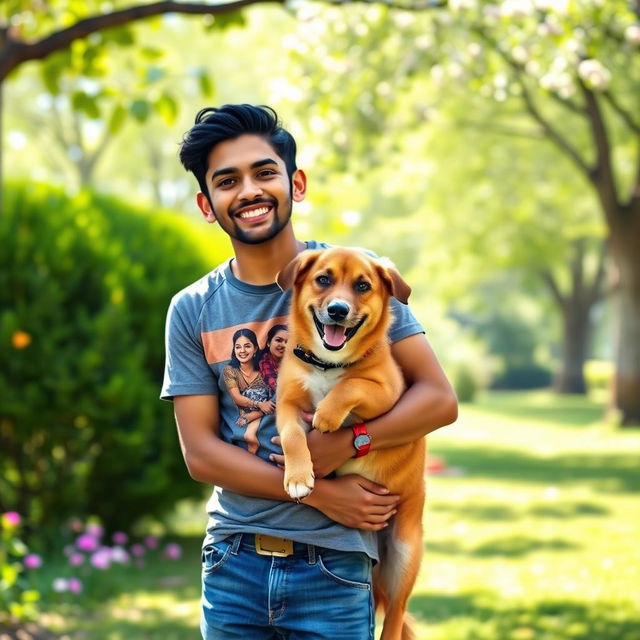 A heartwarming scene depicting the bond between Omkar and Kallu, featuring Omkar, a young man with a warm smile, casually dressed in a graphic t-shirt and jeans, joyfully embracing Kallu, a medium-sized brown dog with happy, expressive eyes