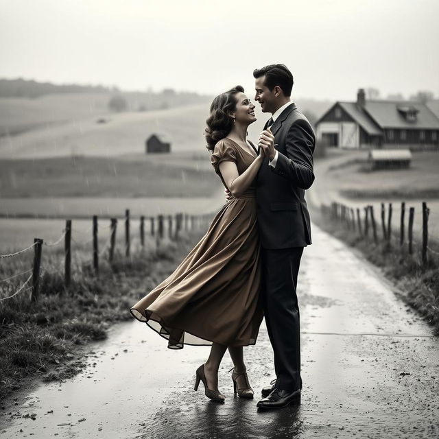 A romantic scene set in the 1940s, depicting a couple dancing in the rain on a rustic farm road