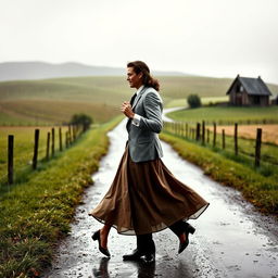 A romantic scene set in the 1940s, depicting a couple dancing in the rain on a rustic farm road