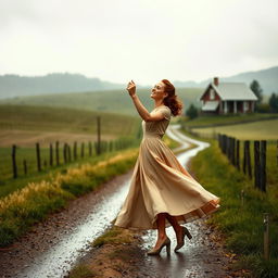A romantic scene set in the 1940s, depicting a couple dancing in the rain on a rustic farm road