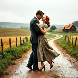 A romantic scene set in the 1940s, depicting a couple dancing in the rain on a rustic farm road