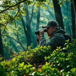 A detailed scene of a hunter watching intently in a lush forest environment