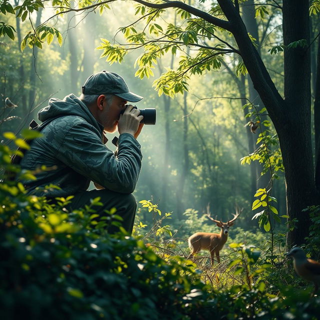 A detailed scene of a hunter watching intently in a lush forest environment