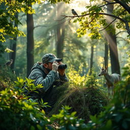 A detailed scene of a hunter watching intently in a lush forest environment