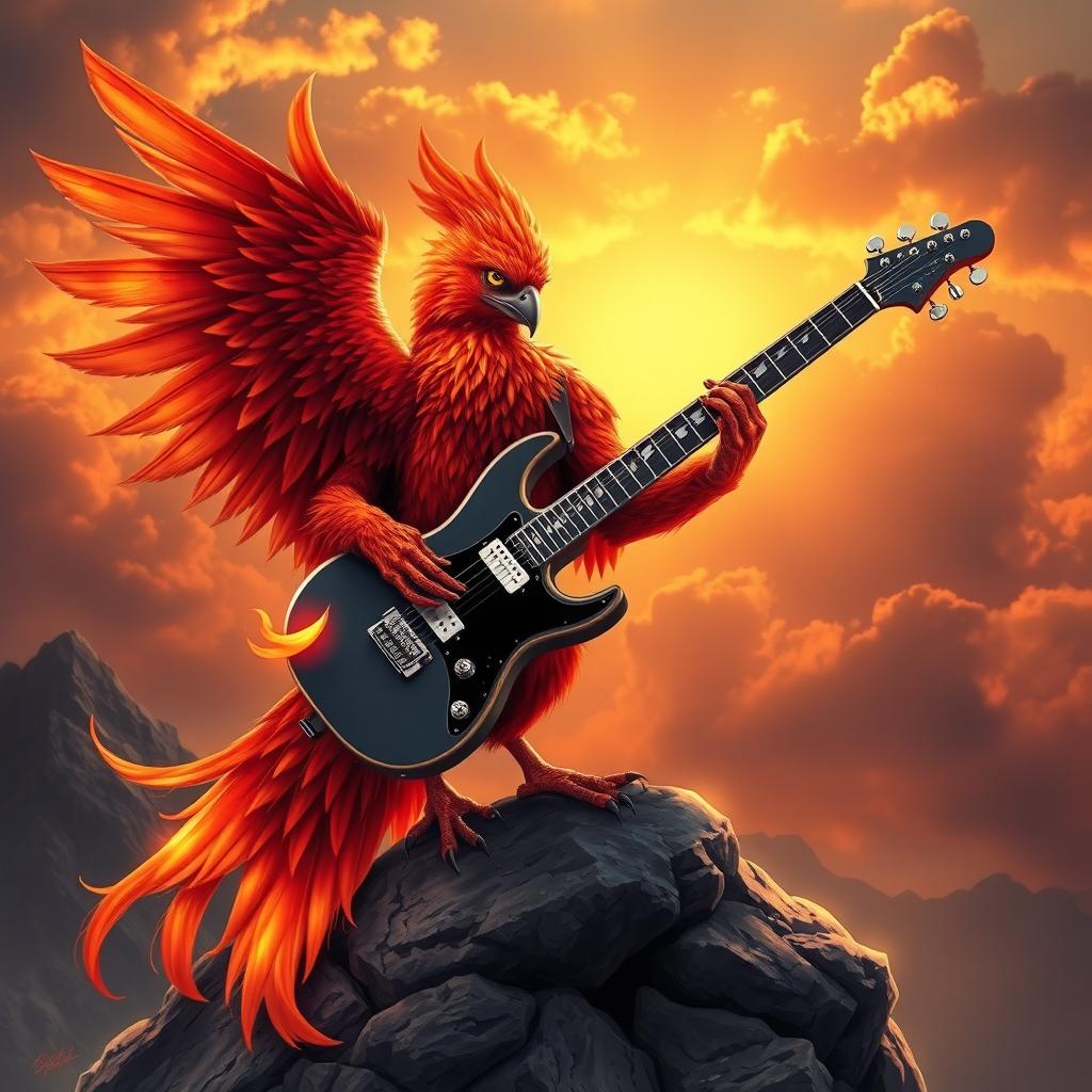 A majestic phoenix with vibrant red and orange feathers, perched on a rocky outcrop, passionately playing an electric guitar