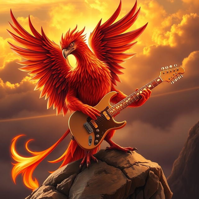 A majestic phoenix with vibrant red and orange feathers, perched on a rocky outcrop, passionately playing an electric guitar