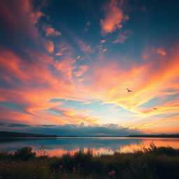 A serene landscape with a vibrant sunset, featuring a vast sky filled with colorful clouds and warm hues of orange and pink