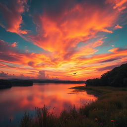 A serene landscape with a vibrant sunset, featuring a vast sky filled with colorful clouds and warm hues of orange and pink