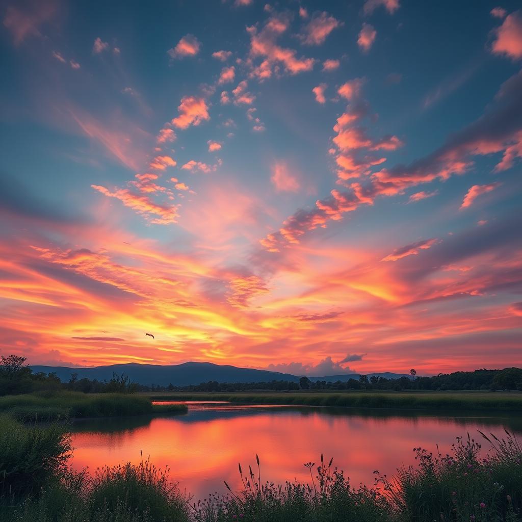 A serene landscape with a vibrant sunset, featuring a vast sky filled with colorful clouds and warm hues of orange and pink