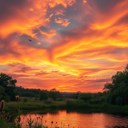 A serene landscape with a vibrant sunset, featuring a vast sky filled with colorful clouds and warm hues of orange and pink